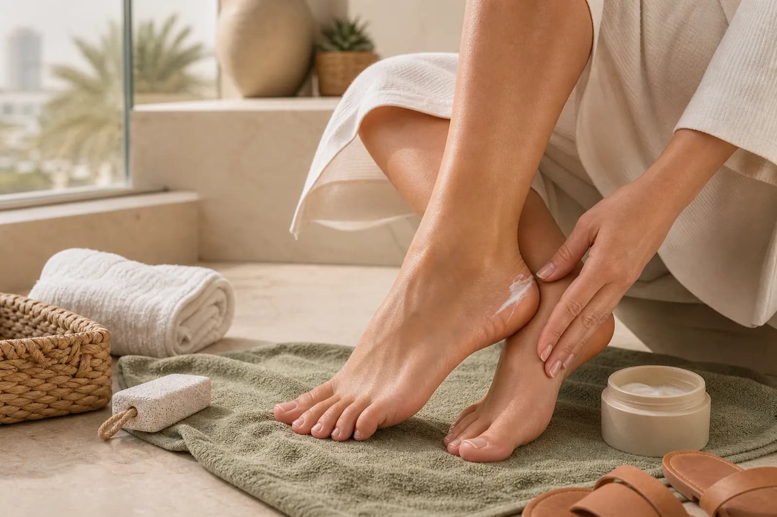 سيدة ترطب كعب قدمها في حمام منزلي مضاء طبيعيًا مع منشفة خضراء وصندل