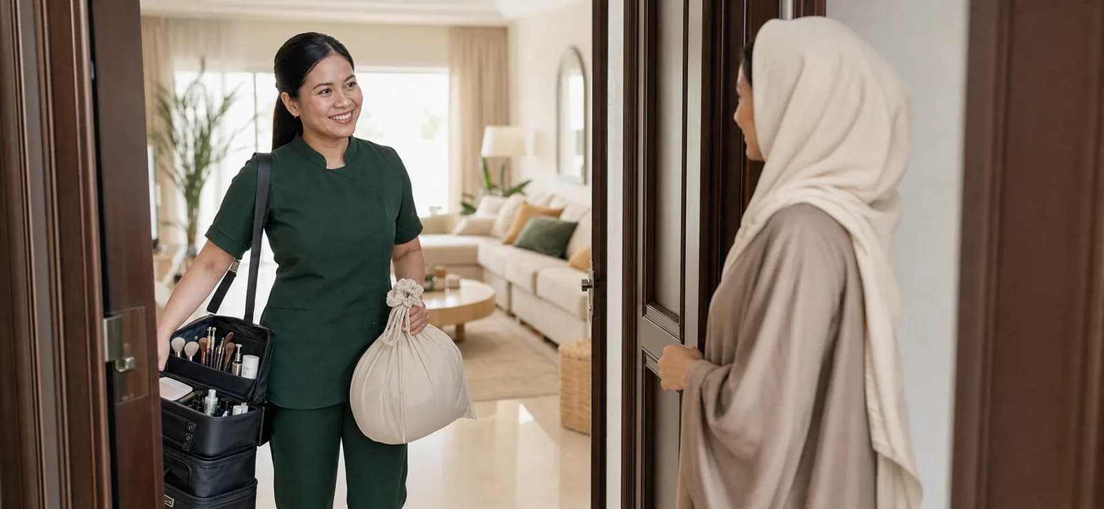أخصائية تجميل فلبينية تصل بحقيبة مهنية إلى منزل سيدة في الرياض